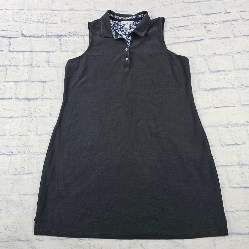 Tommy Bahama Paradise Sleeveless Polo Dress WOMENS L Black Floral Garment Dyed